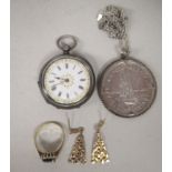 Personal items: to include an engraved silver cased fob watch; and a pair of yellow metal pendant