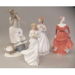 Four porcelain figures: to include Royal Doulton 'Claire'  HN3646  8.5"h