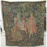 A machine made Flemish tapestry, decorated in colours with Medieval figures  48" x 43"