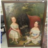 Late 19thC British School - two girls beside a pond  oil on board  52" x 41"  framed