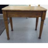 A late 19th/early 20thC rustically constructed pine kitchen table, the planked top with round