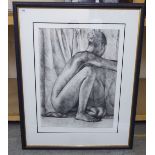 After Mark Clark - a seated nude in front of a curtain  Artist Proof monochrome print  bears a