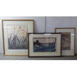 Three modern framed Japanese prints: to include one bearing text and dated 1981  13" x 15"