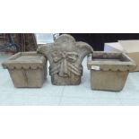 Three vintage carved wooden papier mache moulds, viz. a pair of square flower pots  7"h; and a