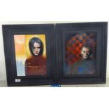 Colin Dunbar - two portraits with abstract design backgrounds  oil on canvas  bearing signatures  9"