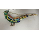 A gold coloured metal, enamel and coloured stone set pheasant brooch  stamped 14k