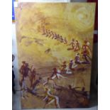 An overpainted batique picture, featuring native figures, in a stylised landscape  bears a block