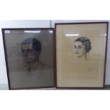 Two 1930s portraits, a man and a woman  pastel  bearing indistinct signatures  17" x 21"  framed