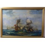 S Harvey - a galleon battle on rough seas  oil on board  bears a signature  23" x 35"  framed
