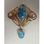 An Art Nouveau 9ct gold turquoise and seed pearl set pendant
