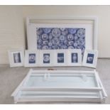 A modern white painted butlers tray on stand  23"h  33"w; a print of a display of blue and white
