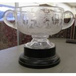 An Edward VIII period twin handled glass presentation pedestal trophy  bears Royal Coat of Arms &