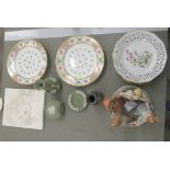 Ceramics: to include two late 18thC English porcelain plates, decorated with foliage and gilding
