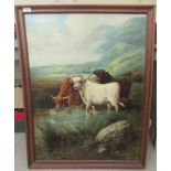 H Johnson - a study of three Highland cattle in a landscape with water in the foreground  oil on