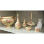 Six items of early 20thC Royal Worcester blush ivory china collectables: to include three vases