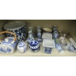 Blue and white ceramics: to include a porcelain planter  9"h  9.5"dia; and two ginger jars