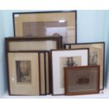 Mainly 19thC framed monochrome prints: to include landscape and street scenes  bearing indistinct