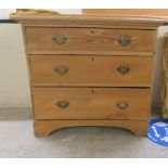 A late Victorian stained pine dressing chest with three inline drawers, raised on bracket feet  30"h