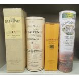 Four bottles of whisky, viz. Glenmorangie Highland single malt Scotch whisky; Bowmore 12 year old