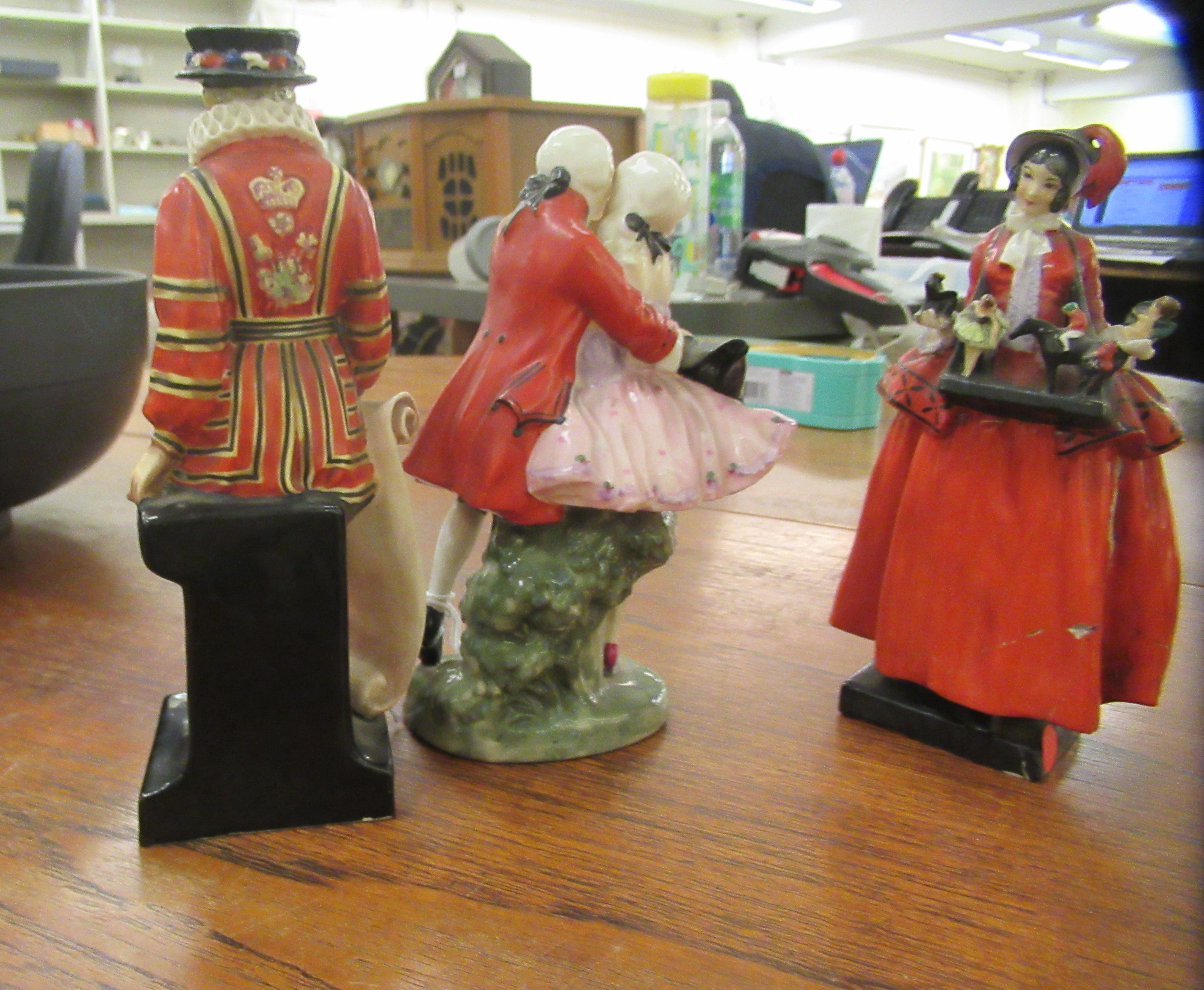 Three Royal Doulton china figures, 'Beefeater'  7.5"h; 'The Perfect Pair'  7"h; and a young woman - Image 5 of 5