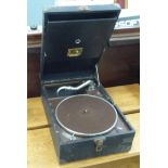 A vintage HMV wind-up tabletop gramophone