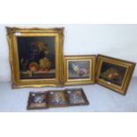 Pictures: to include a still life study, fruit on a table  oil on board  13" x 12"  framed