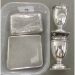 Silver collectables, viz. two cigarette cases and two pedestal pepper pots  mixed marks