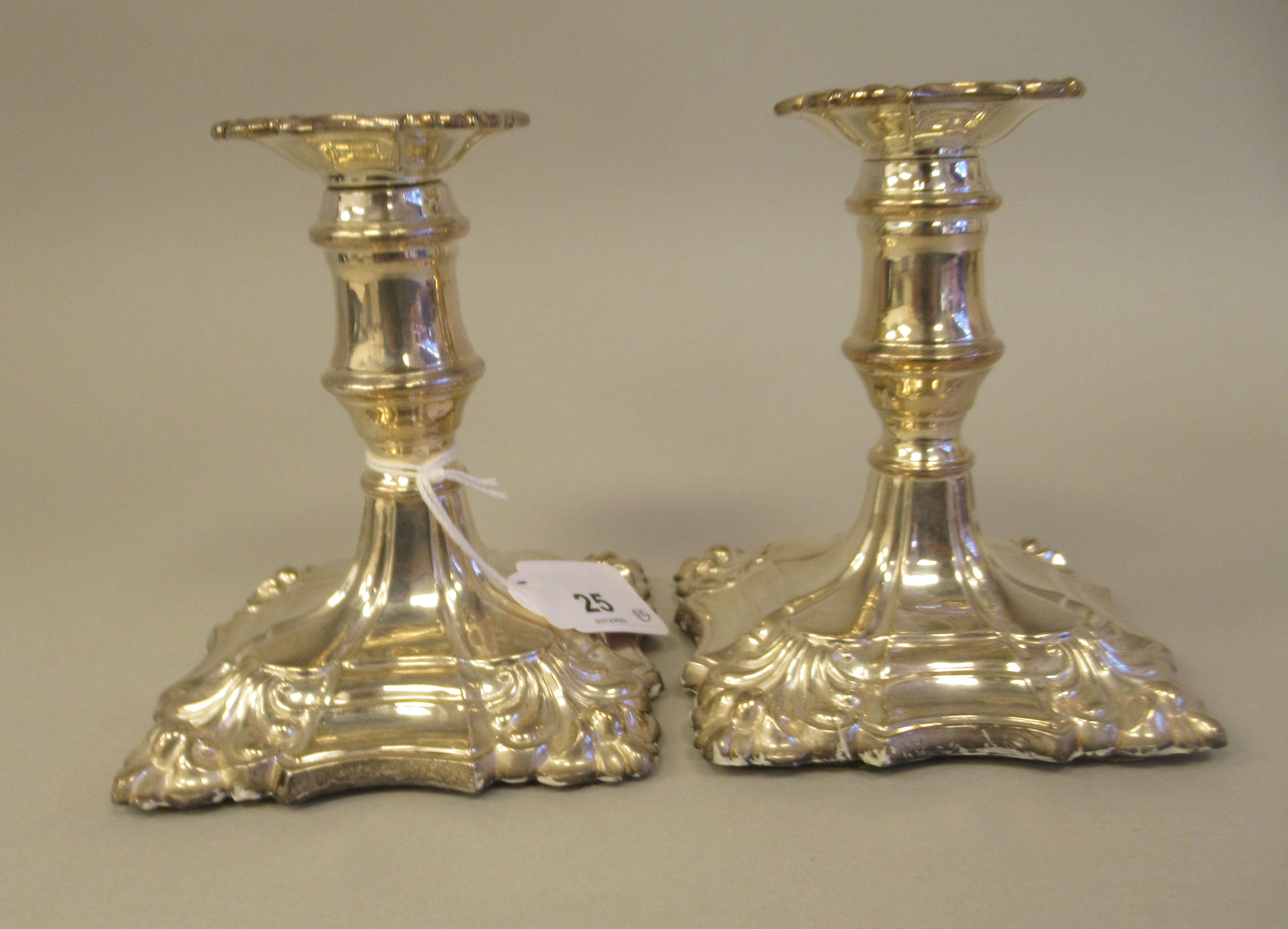 A pair of 18/19thC style loaded silver dwarf candlesticks, each with a detachable sconce and vase - Image 2 of 7