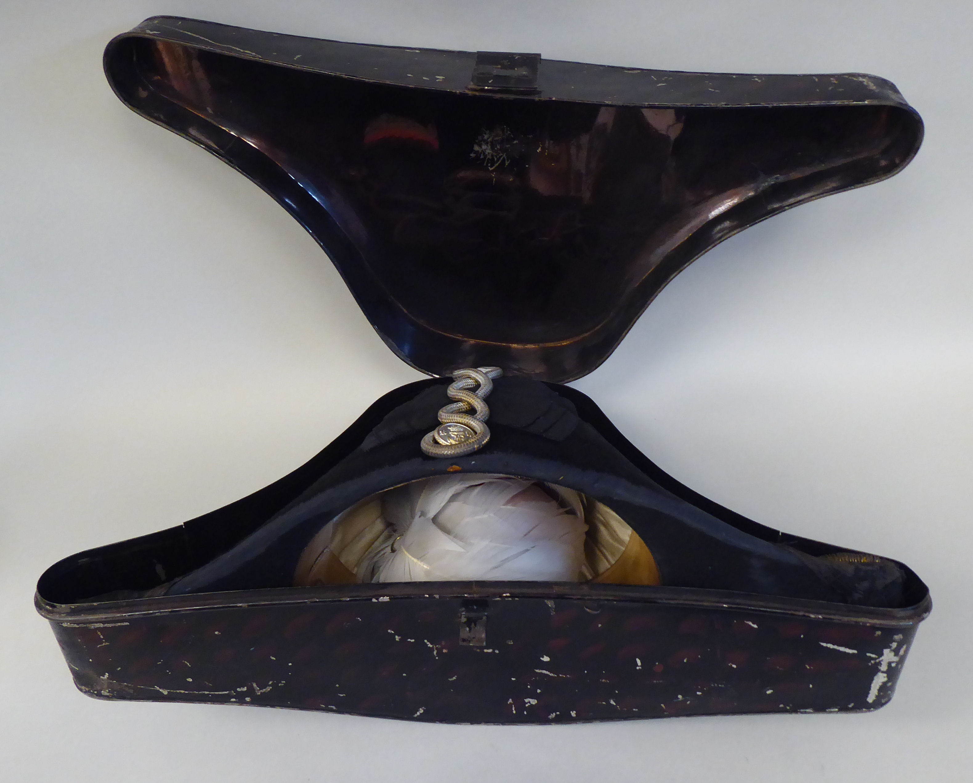 A naval black cocked hat with braid and a feather plume, size 7, in a painted tinplate box  ( - Image 16 of 16