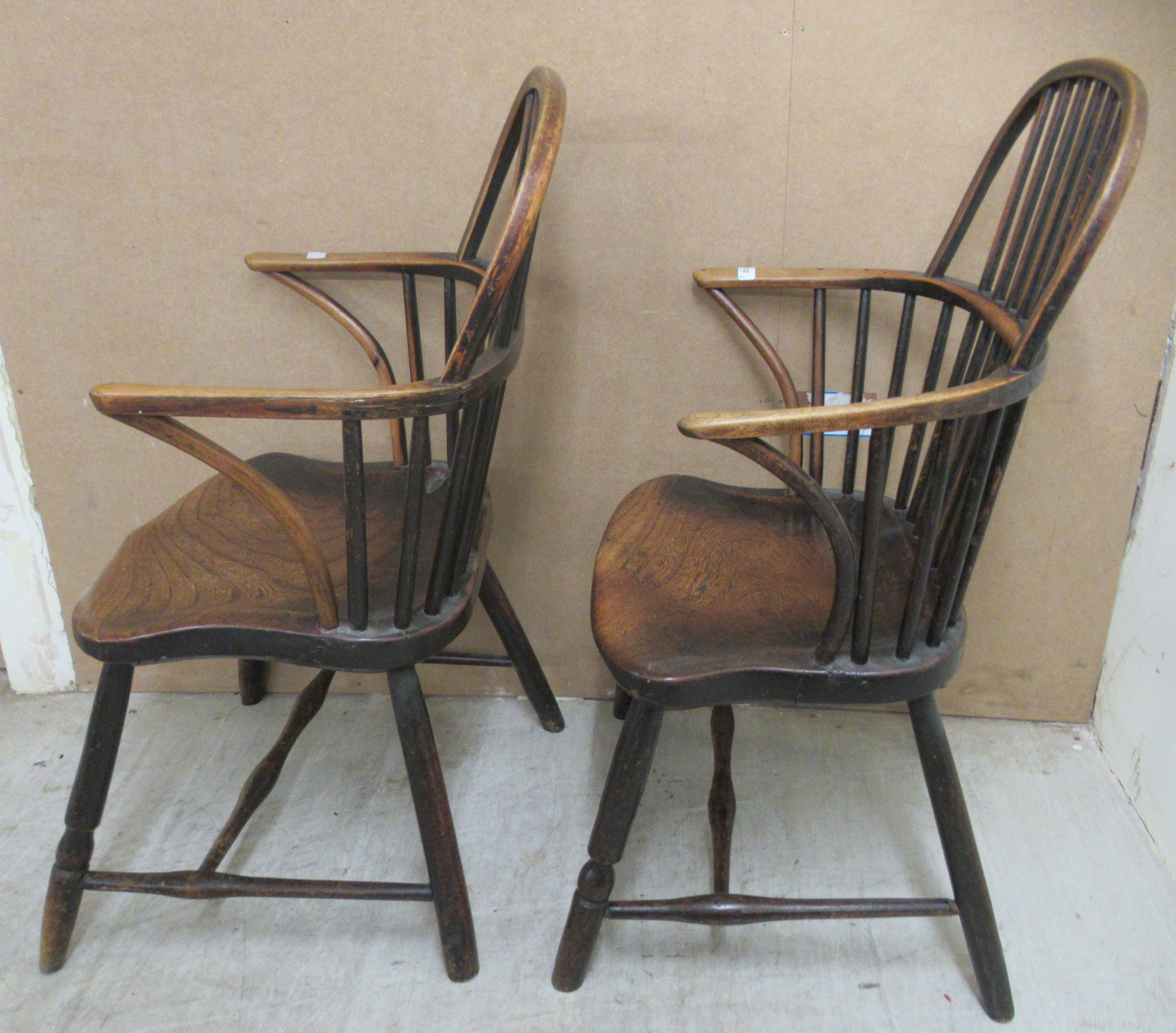 A matched pair of early 19thC beech and elm framed low hoop and spindled back Windsor elbow - Image 2 of 6