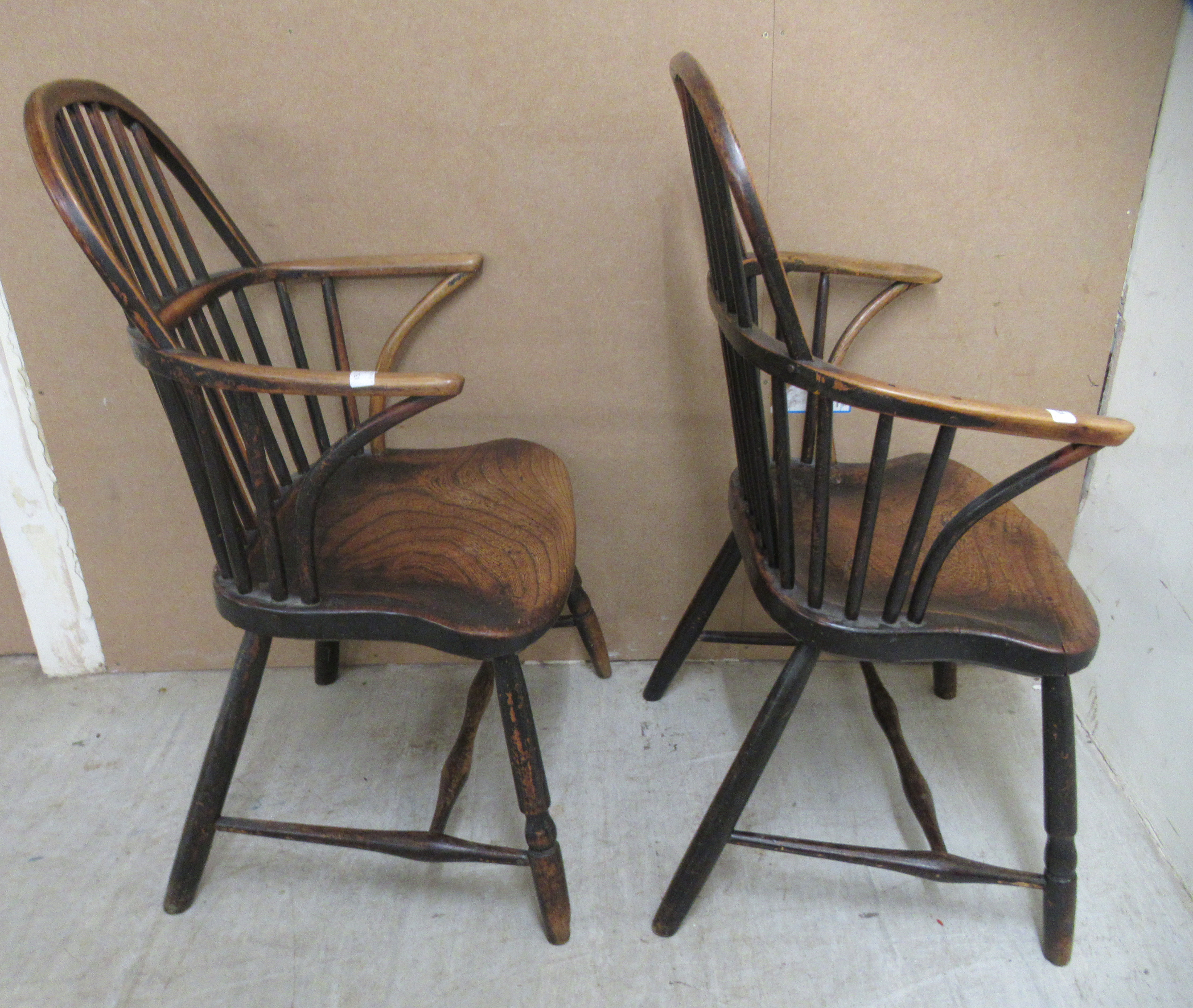 A matched pair of early 19thC beech and elm framed low hoop and spindled back Windsor elbow - Image 4 of 6