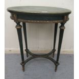 An early 20thC Louis XVI style, green and parcel gilt occasional table, the oval top on tapered,