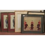 Five various painted examples of British military prints  largest 12" x 15"
