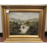 JH Boel - a late Victorian highland landscape with a waterfall in the centre ground  oil on