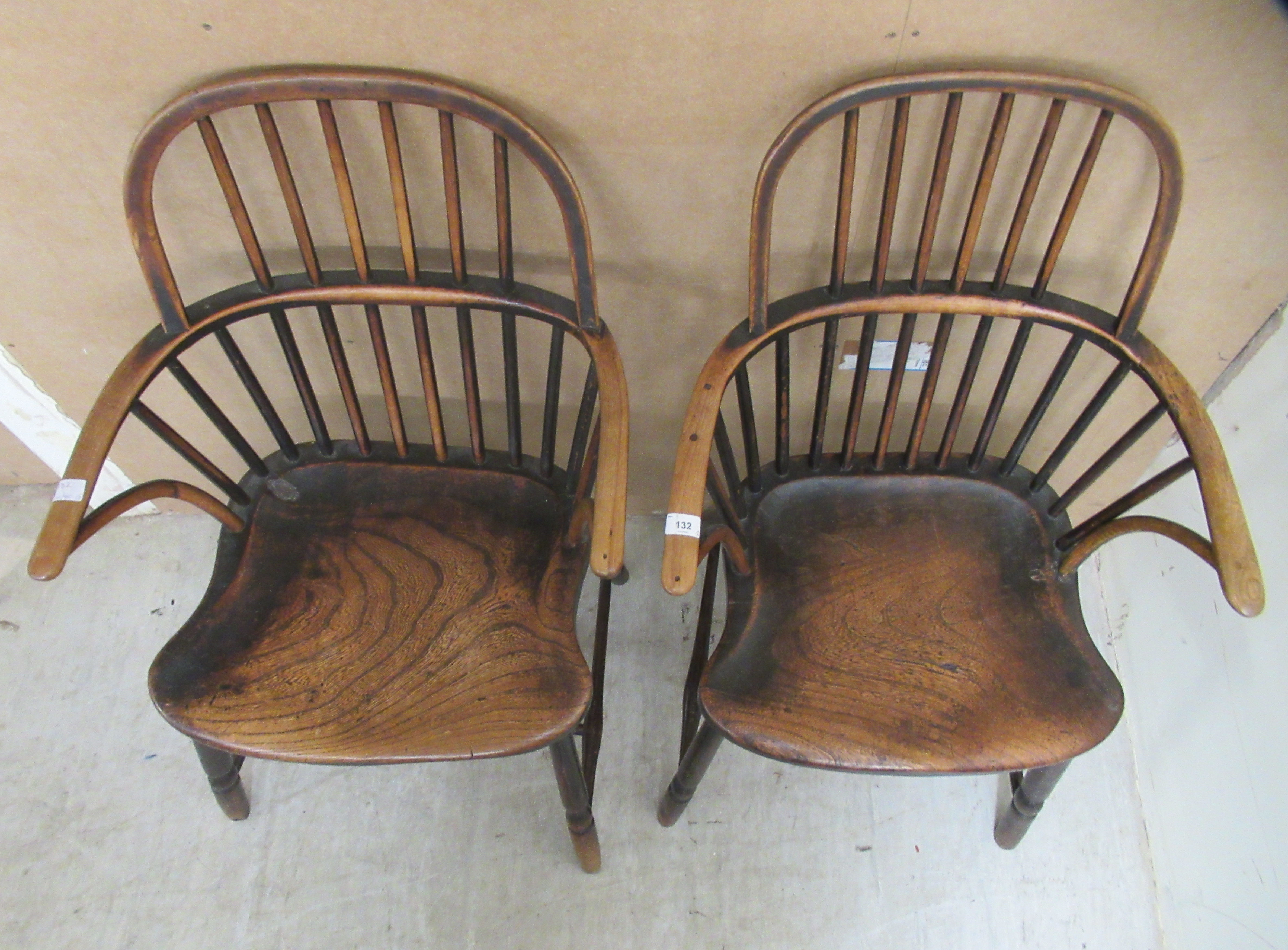 A matched pair of early 19thC beech and elm framed low hoop and spindled back Windsor elbow - Image 5 of 6
