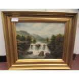 JH Boel - a late Victorian highland landscape with a waterfall in the centre ground  oil on