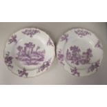 A pair of late 18thC porcelain wavy edged dishes, decorated in puce with figures in landscape