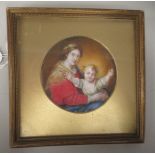 A 19thC miniature group study, a woman and child  4"dia  framed