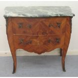 An early 20thC Louis XV style kingwood and marquetry, serpentine front two drawer commode with