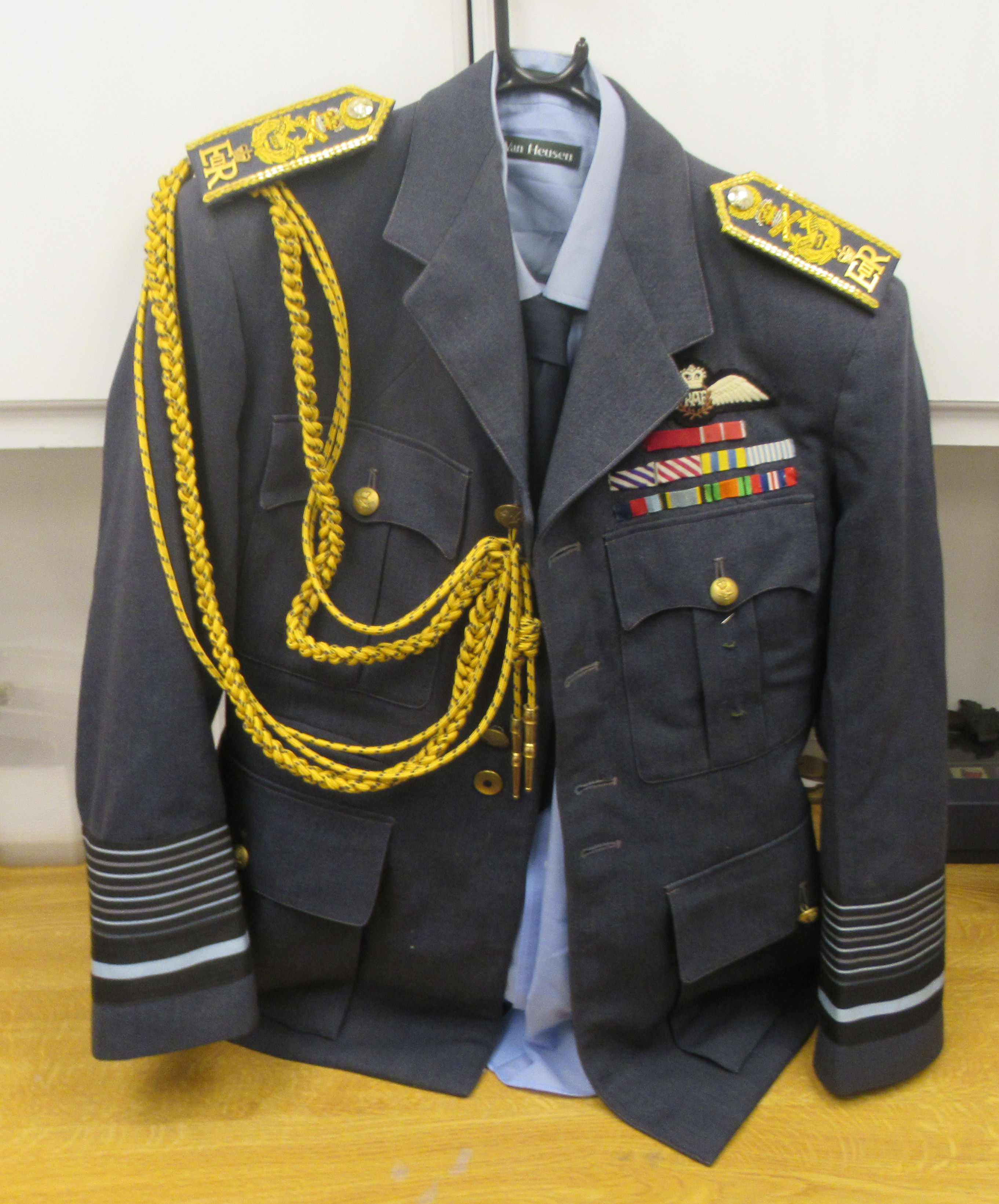 An RAF Senior Officer's uniform, comprising a tunic with medal ribbons and braided epaulettes, a - Image 2 of 12