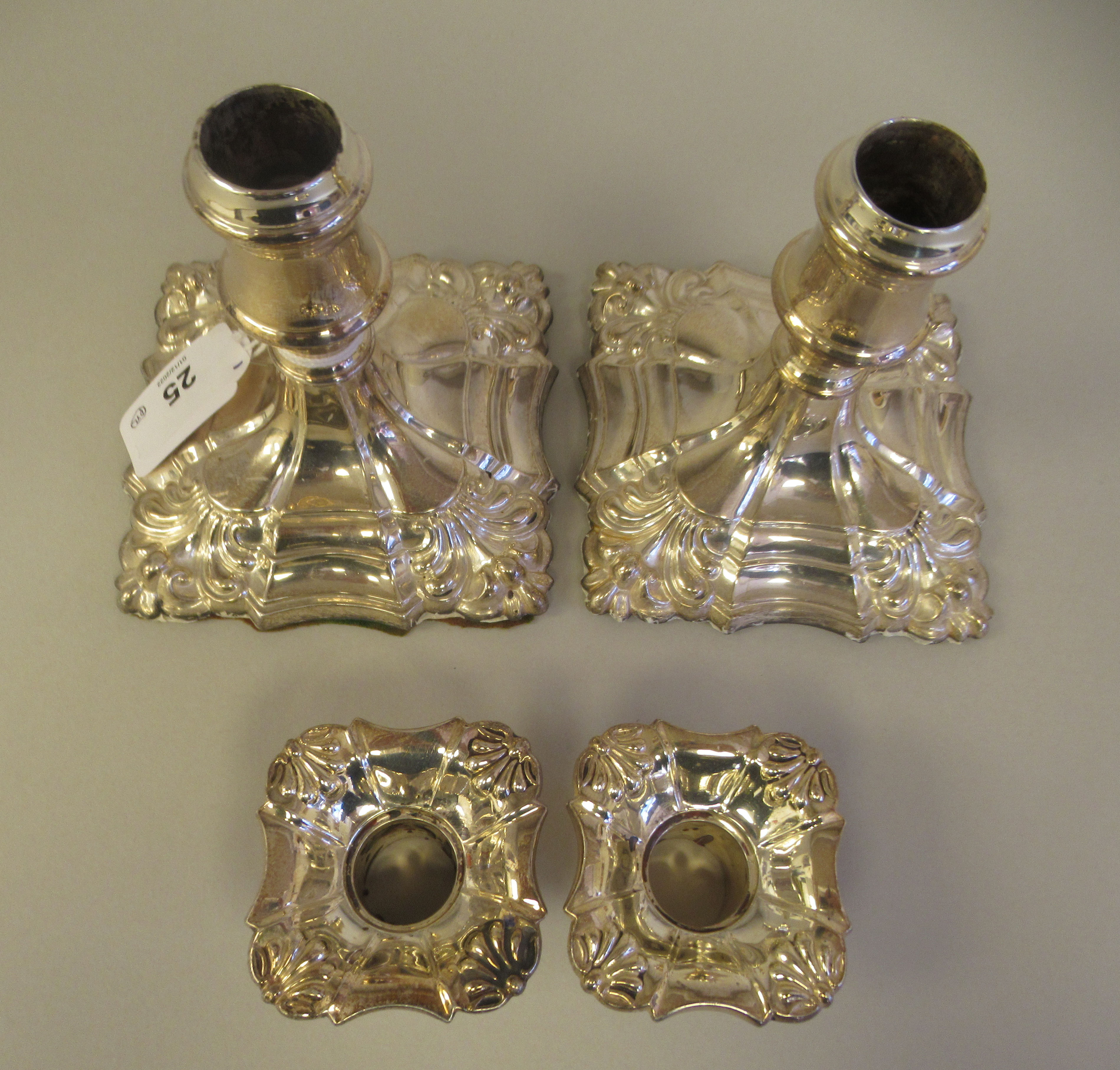 A pair of 18/19thC style loaded silver dwarf candlesticks, each with a detachable sconce and vase - Image 5 of 7