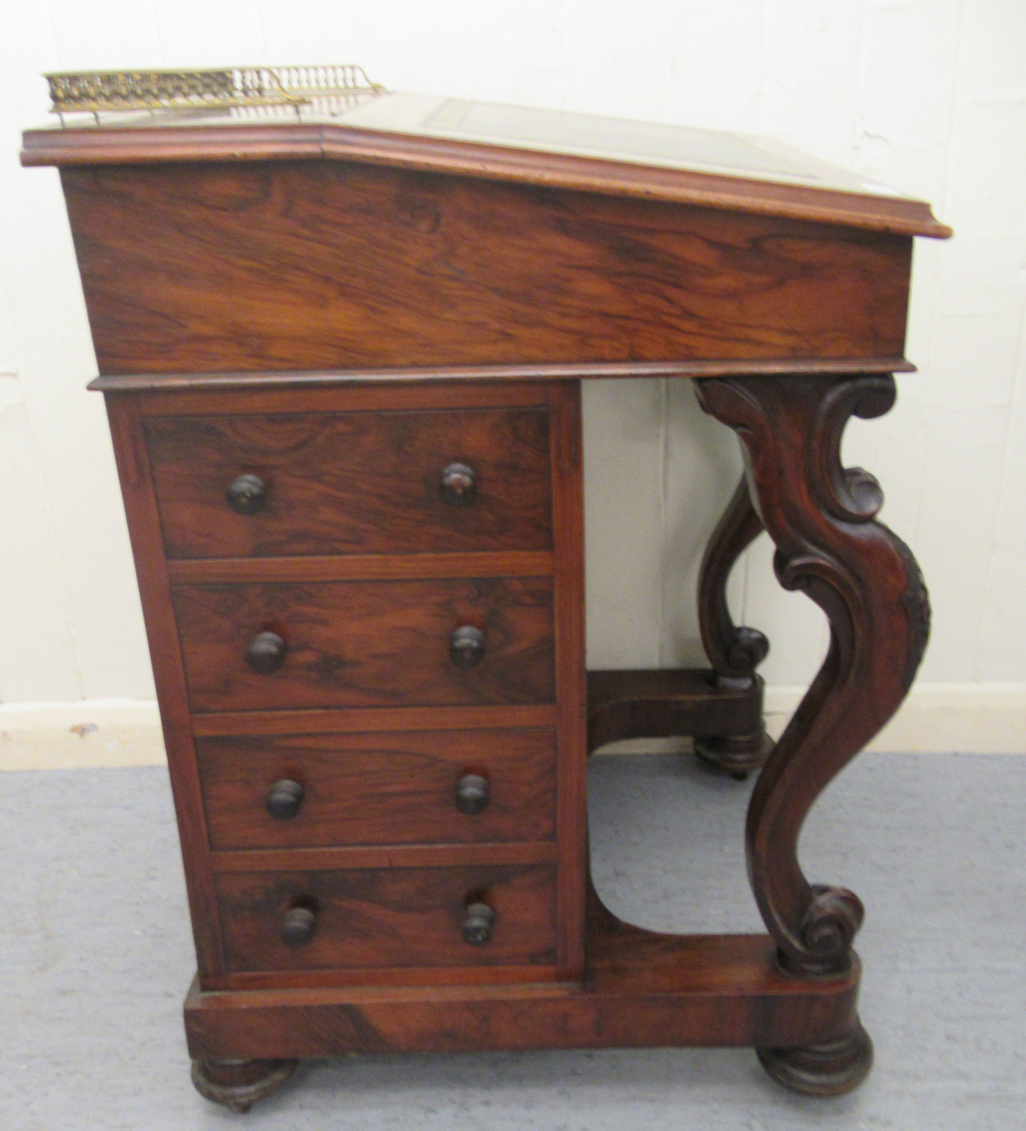 A mid Victorian walnut Davenport with a brass galleried top and an angled, hinged, tooled green hide - Image 4 of 8