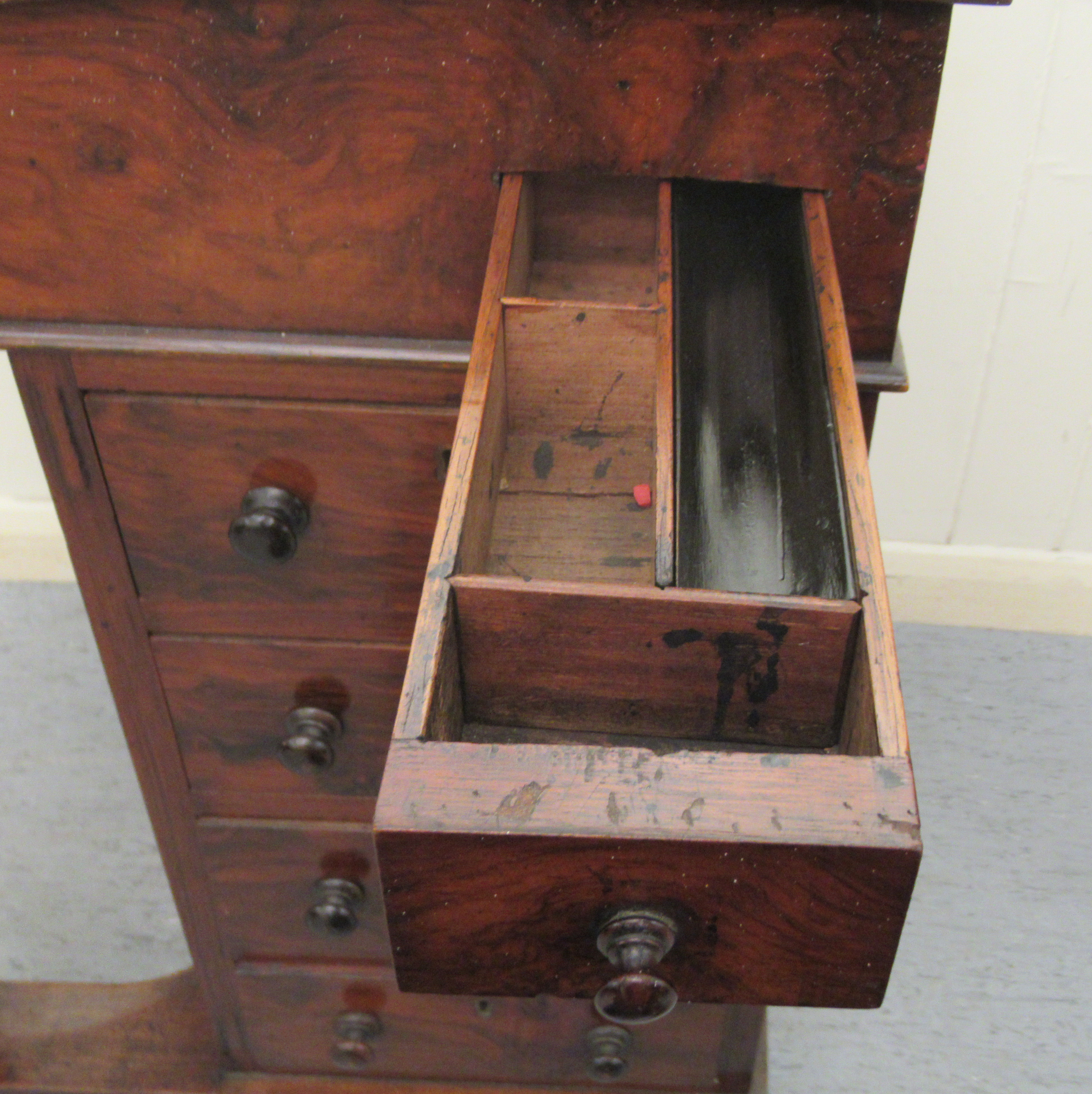 A mid Victorian walnut Davenport with a brass galleried top and an angled, hinged, tooled green hide - Image 6 of 8