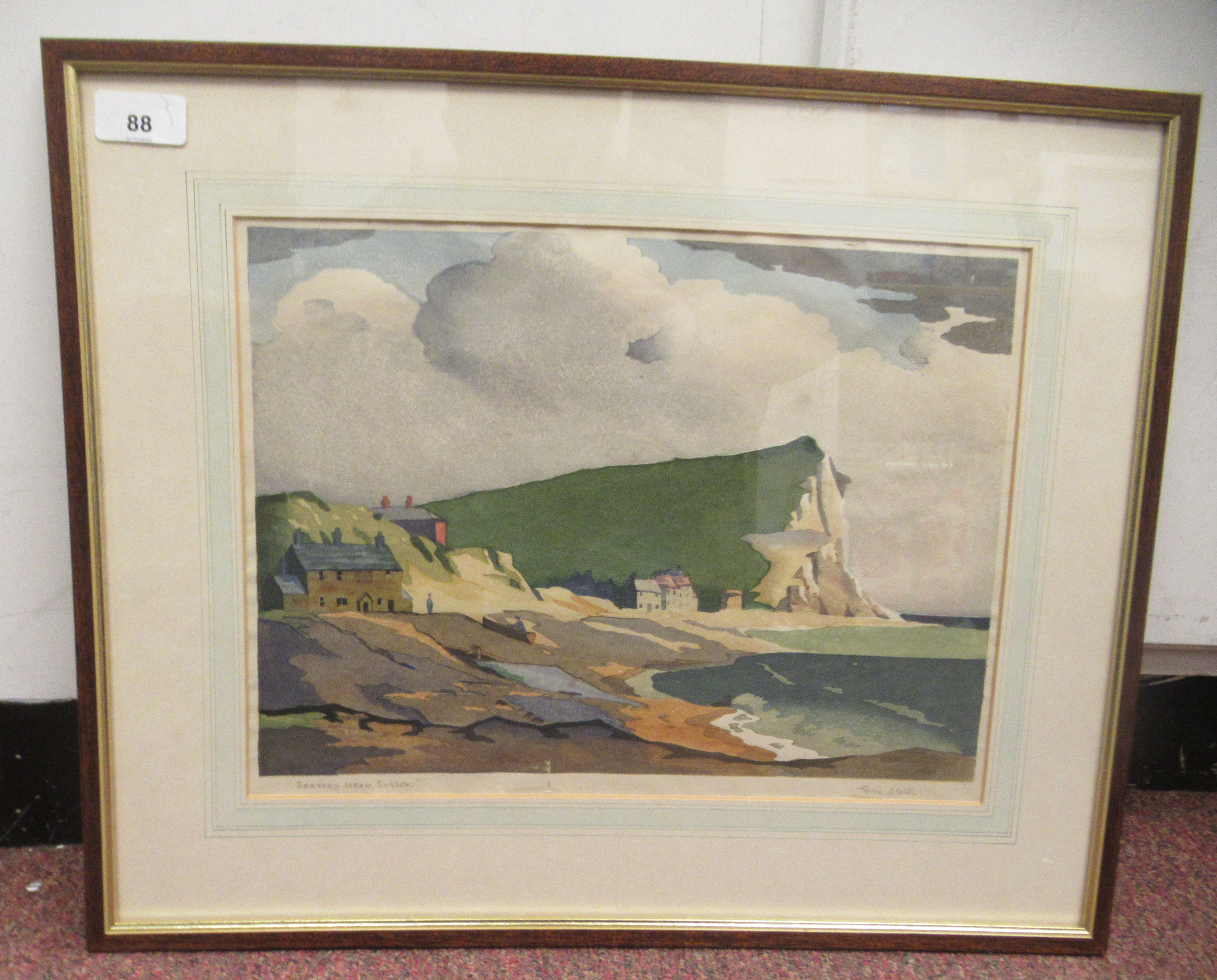 After Eric Slater - 'Seaford Head Sussex'  coloured woodcut print  bears a pencil inscription &