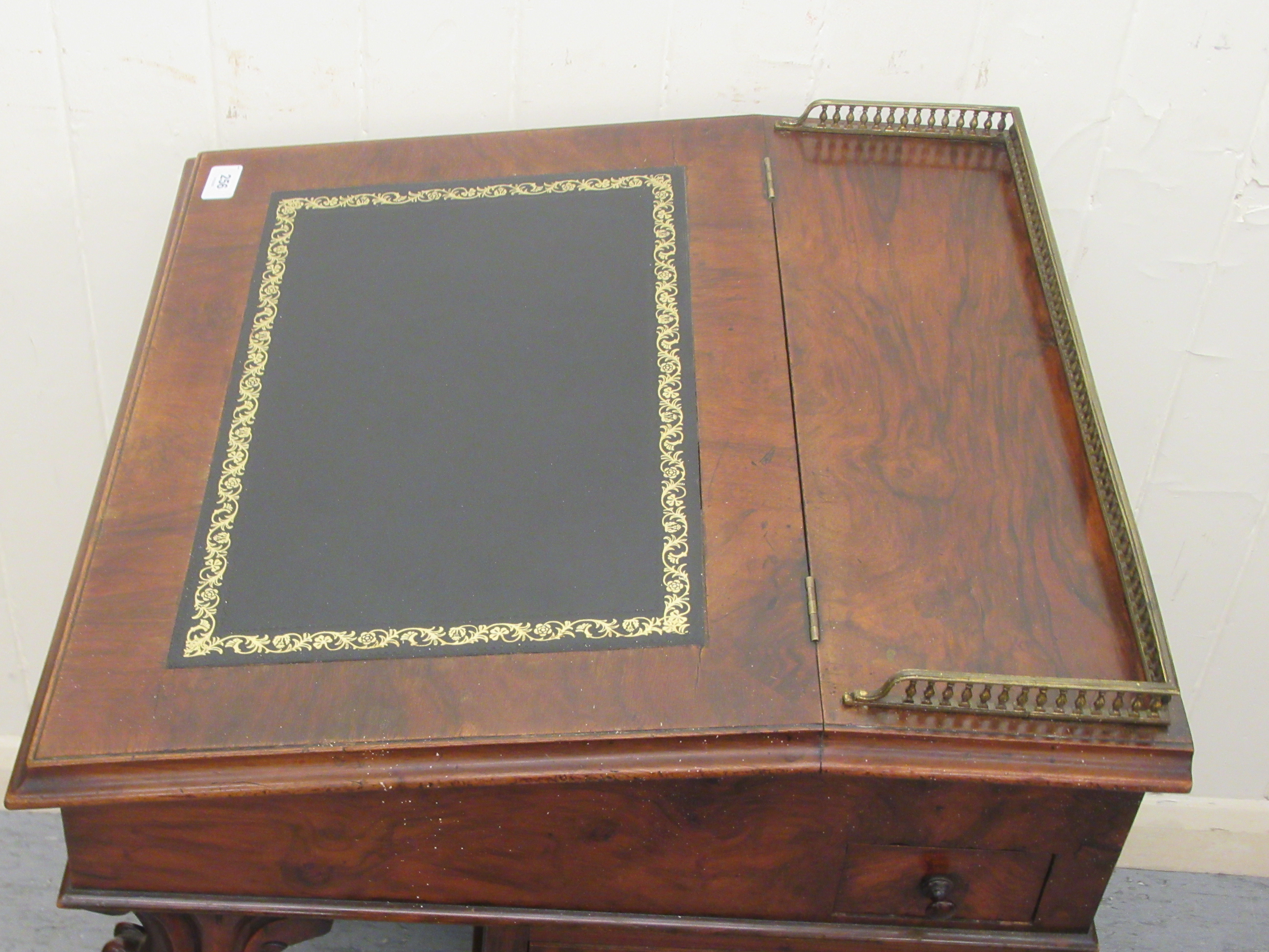 A mid Victorian walnut Davenport with a brass galleried top and an angled, hinged, tooled green hide - Image 5 of 8