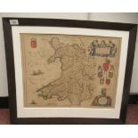 A 17thC John Blaeu coloured map 'Wallia Principatvs Vulgo Wales' with a decoratively scrolled