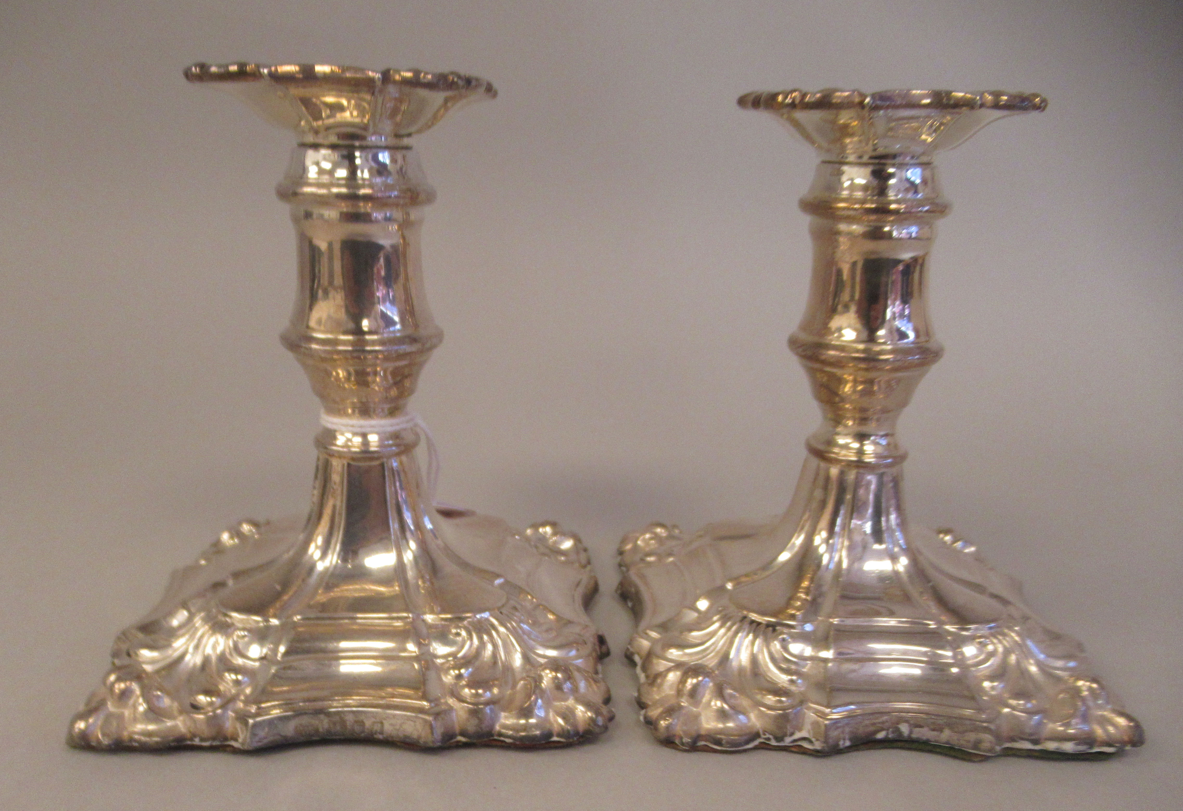 A pair of 18/19thC style loaded silver dwarf candlesticks, each with a detachable sconce and vase - Image 3 of 7