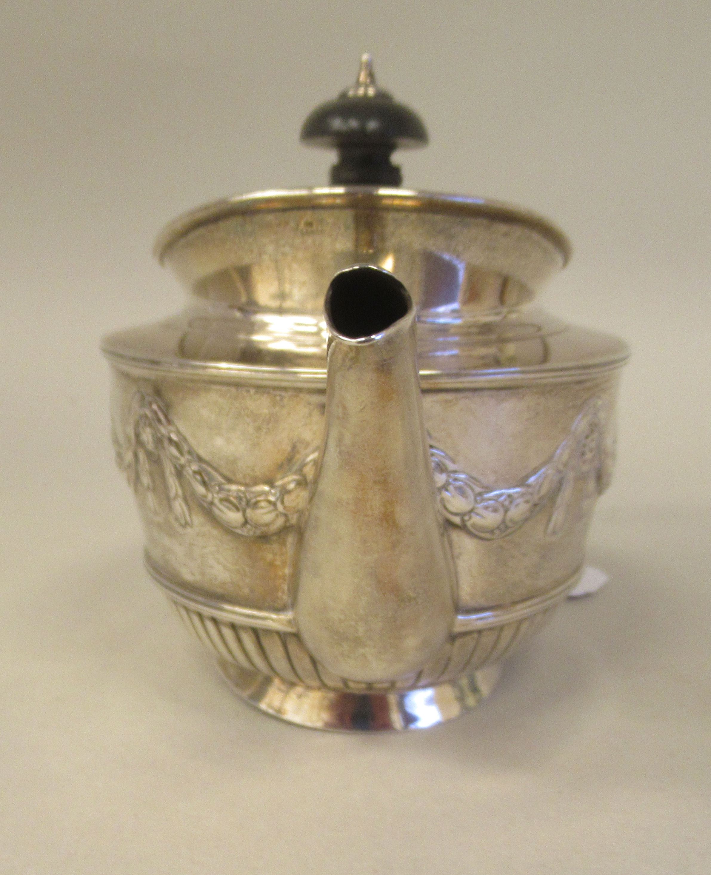 A late Victorian silver batchelors oval teapot with embossed garlands, drapes and demi-reeded - Image 2 of 8