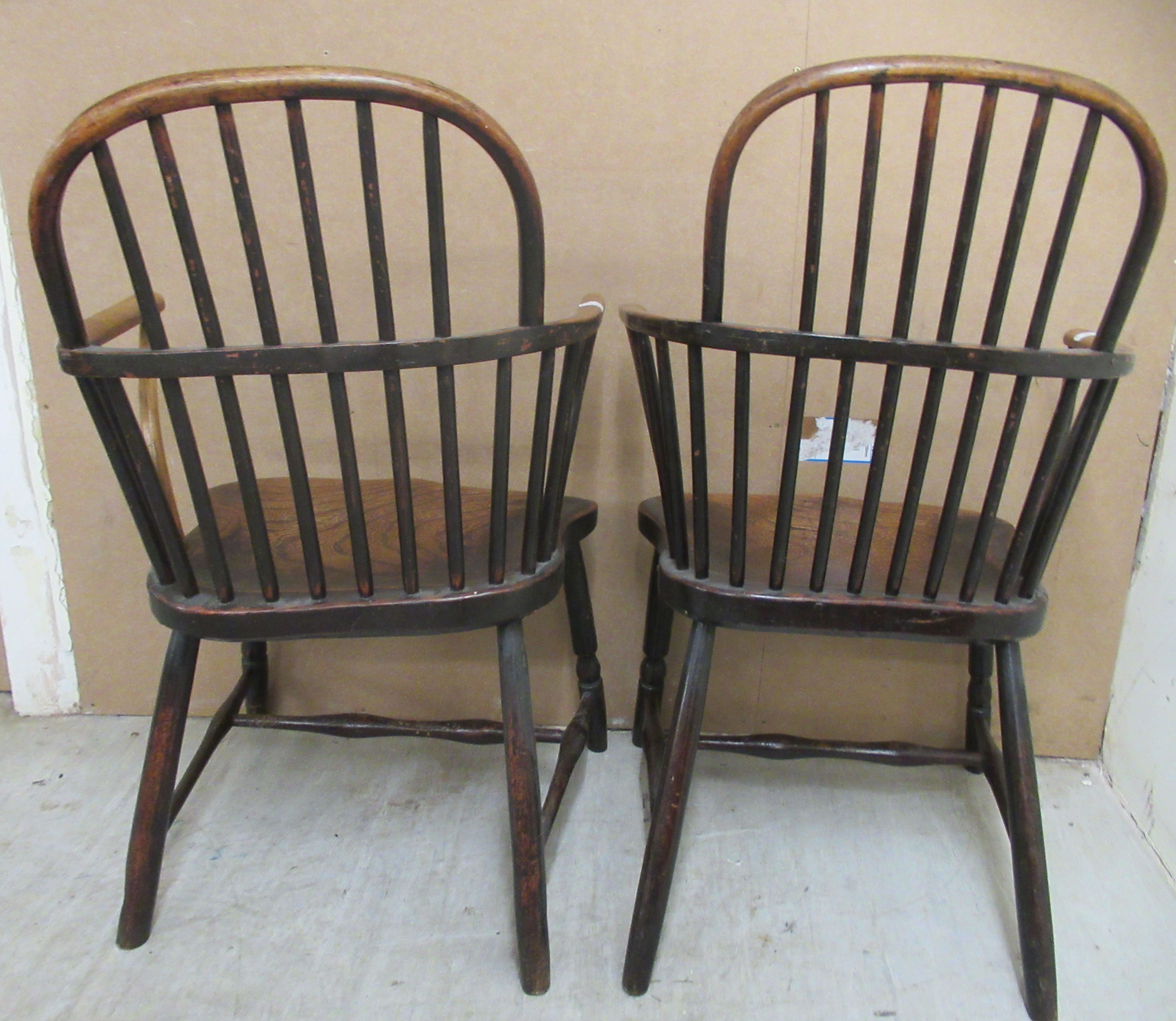 A matched pair of early 19thC beech and elm framed low hoop and spindled back Windsor elbow - Image 3 of 6
