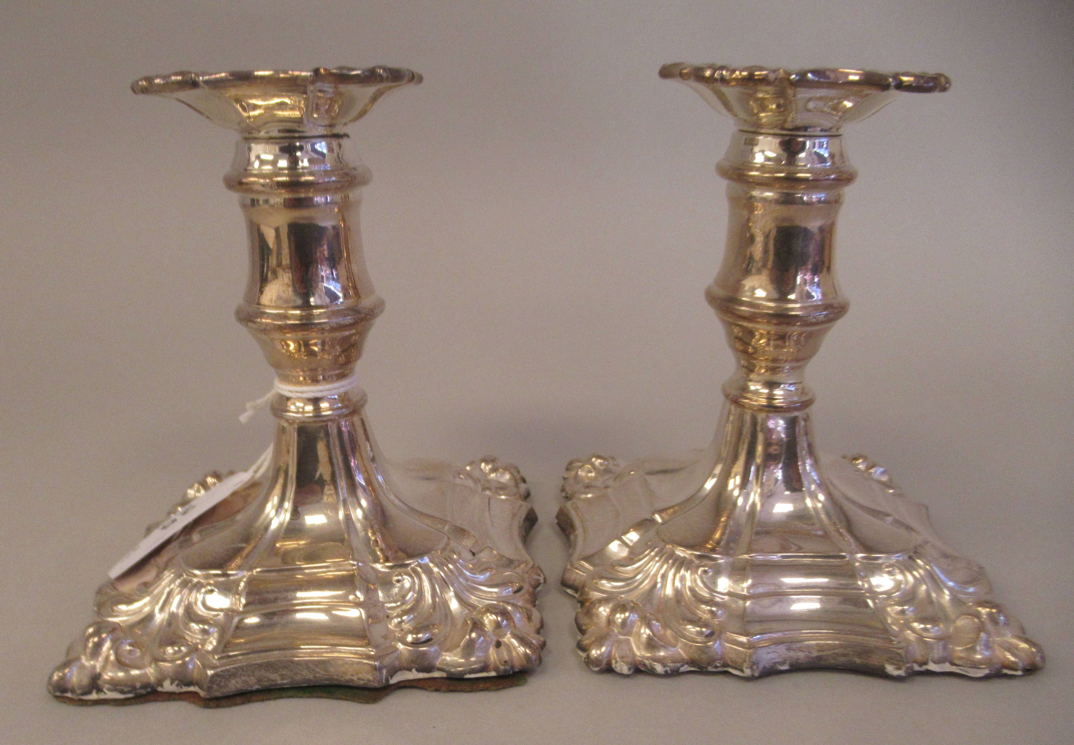 A pair of 18/19thC style loaded silver dwarf candlesticks, each with a detachable sconce and vase - Image 4 of 7